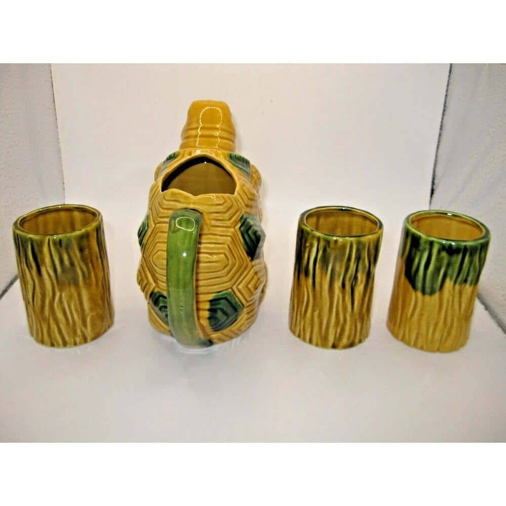 Anthropomorphic Turtle Pitcher & 4 Cups Tiki Barware Norleans Gold & Green Japan